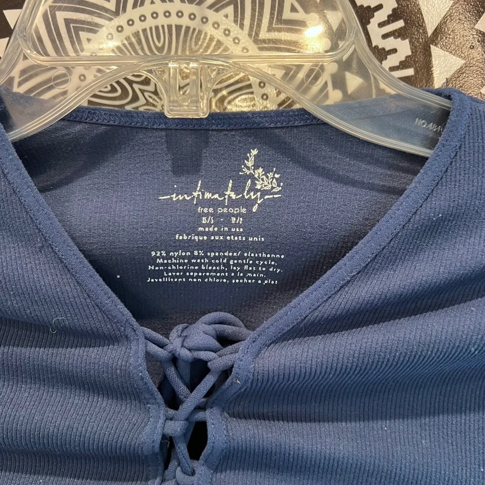 Intimately Free People Navy Blue Ribbed Lace Up Front Long Sleeve Top XS S